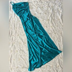 Bridesmaid Dress Turquoise Satin Slip Dress with Sultry Slit and Lace. Stretch!
